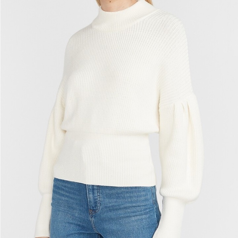 Ribbed Mock Neck Balloon Sleeve Sweater